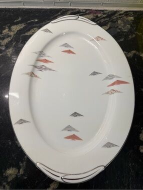 Noritake White China Huge Platter Dish Tropical Pattern Silver Trim Like new